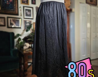 Vintage 1980s Adonna Black Lace Trim Full Slip Skirt Women's Large Nylon Antron