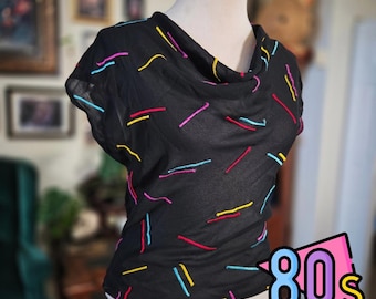 Vintage 80s Sheer Embroidered Top Black Neon Confetti Cowl Neck Retro Party M
