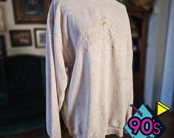 Santa Barbara Sunrise Sweatshirt Vintage 90s Tan Sherpa Fleece Pullover Large