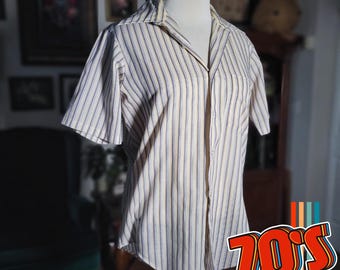 Vintage 1970s Manhattan Dura-Brite Striped Button-Up Shirt Yellow Blue