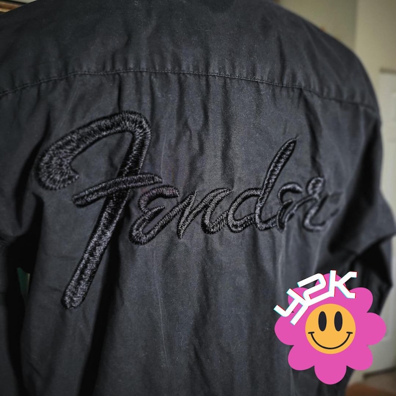 Vintage Y2K Fender Black Button Up Shirt Long Sleeve Embroidered Logo Guitar M image 1