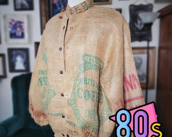 Vintage 80s ST MARTIN Mens Tan Coffee Sack Bomber Jacket Burlap Art - Medium