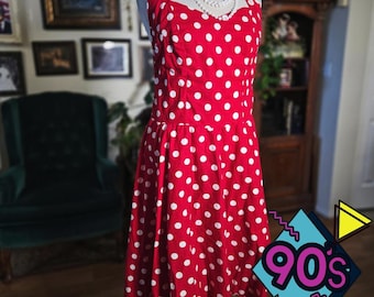 Vintage 90s Red Halter Neck Polka Dot Midi Dress Rockabilly Pin Up Sundress