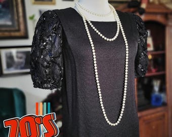 Leslie Fay Black Dress Vintage 70s Lace Sequin Puff Sleeve ILGWU Union Made 8