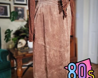Smith & Watson Pencil Skirt Brown Suede Vintage 80s Genuine Leather Midi Size 12