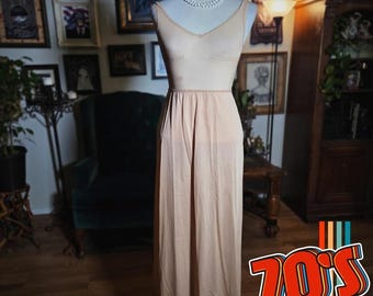 Vintage 70s Vanity Fair Slip Full Length V Neck Nude Slip Dress Nylon Maxi