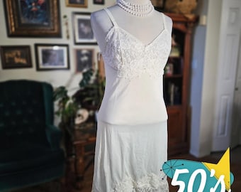Vintage 50s Mistee White Lace Slip Dress Lingerie Cami Adjustable Straps
