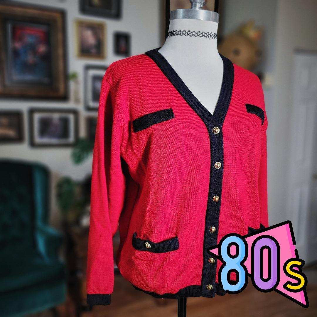Jaeger, Jaeger Cardigan Sweater Vintage 80s Red Wool Gold Button Power Suit Jacket Small