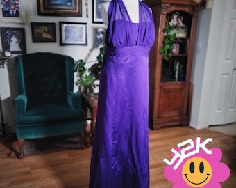 David's Bridal Halter Dress Purple Vintage Y2K Satin Flowy Formal Evening Gown