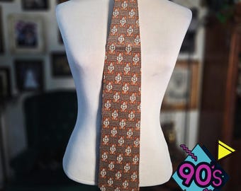 Structure Silk Tie Vintage 90s Brown Geometric Script Pattern Mens Necktie USA