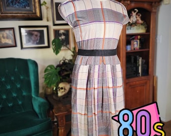 MiMi Fashion Plaid Dress Vintage 80s Gray Orange Purple Geometric Midi Size 9