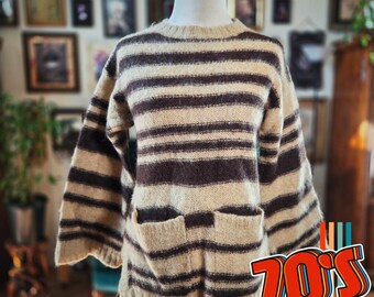 Stevens Creek Mohair Wool Sweater Vintage 70s L Striped Brown Beige Fuzzy Knit