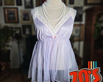 Vintage 70s Milco New York Vintage Lavender Lace Babydoll Chemise Nightgown L