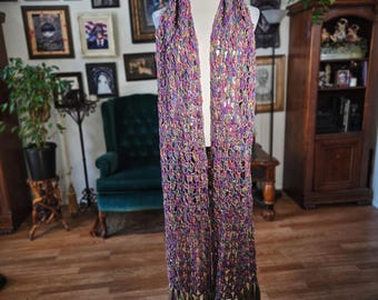 Handknit Scarf Vintage Boho Multi Color Chunky Crochet Fringe Long Wrap Shawl