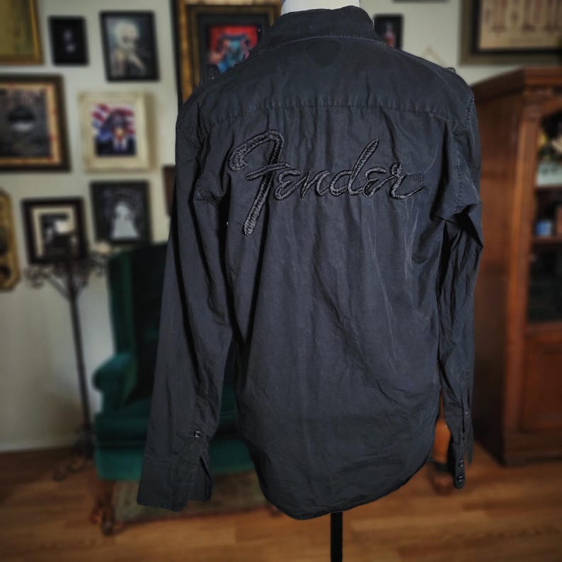 Vintage Y2K Fender Black Button Up Shirt Long Sleeve Embroidered Logo Guitar M image 5