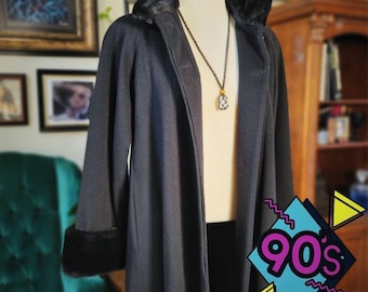 Steve by Searle Wool Coat Vintage 90s Black Faux Fur Trim Collar Cuff Size 4 USA