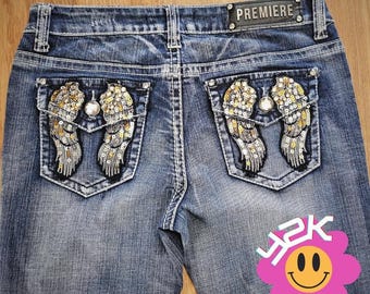 Rue21 Premiere Angel Jeans Vintage Y2K Wing Sequin 2000s Bootcut Blue 9/10R