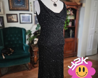 Vintage Y2K Carmen Marc Valvo Black Beaded Cowl Neck Cocktail Dress Evening Gown