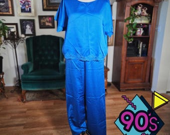 Vintage 90s Val Mode Royal Blue Satin Lace Pajama Set Sleepwear Women's Small