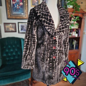 Faux Fur Coat Vintage 90s A. Aubrey Giraffe Animal Print Brown Mod Jacket Large