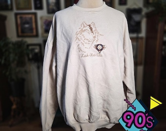 Suttons Sportswear Sweatshirt Wolf Vintage 90s Kah-Nee-Ta Textured Cream XL USA