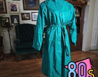 The Legend Teal Raincoat Trench Coat Vintage 80s Belted Plus 24W Long Jacket