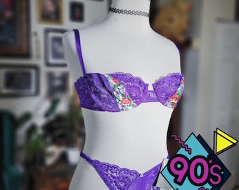 Christian Dior Intimates Bra Panty Set Vintage 90s Purple Lace Floral NWT 34C