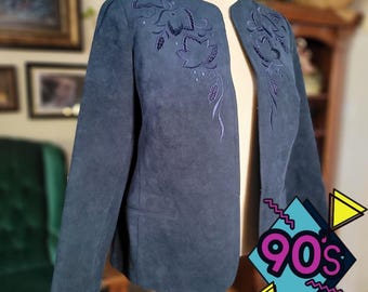 Faux Suede Blazer Vintage 90s Blue Embroidered Unique Boho Chic Womens Medium
