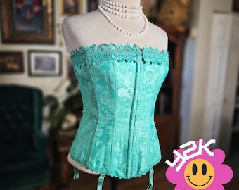 Vintage Y2K Fredericks of Hollywood Teal Brocade Lace Up Corset Top
