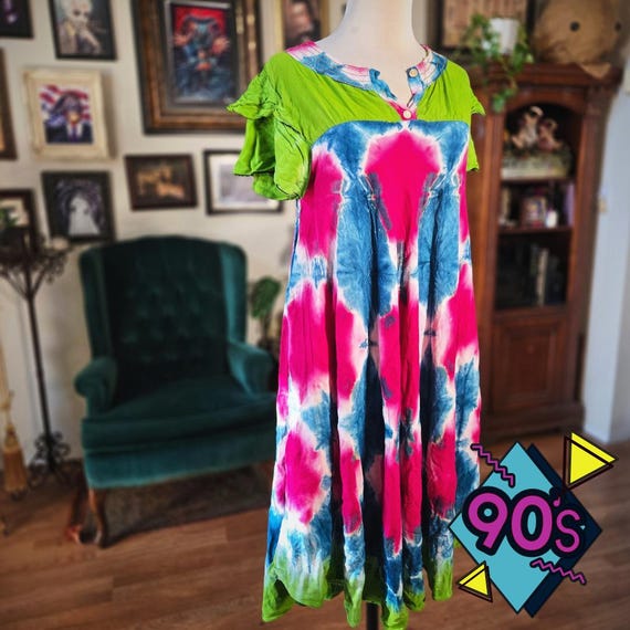 90s tie dye dress Soraya Vintage Pink Blue Green Boho Festival Ruffle Sleeve M Orange tie