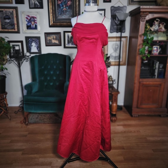 michelangelo formal dresses Gown Dress Vintage 90s Red Satin Draped Evening Maxi Womens publication-list:25Q1_JAN_PRE-SPRING