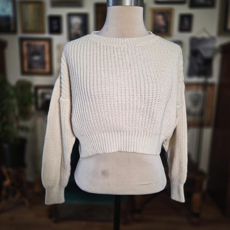 Urban Outfitters Cropped Sweater Vintage Y2K Cream Knit Chunky Pullover XS image 2
