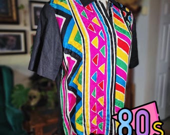Vintage 80s ADRIANNA PAPELL Womens Multicolor Geometric Silk Blend Shirt 10