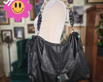 Shanghai Tang Leather Hobo Bag Black Vintage Y2K Acrylic Coin Handle Tassel
