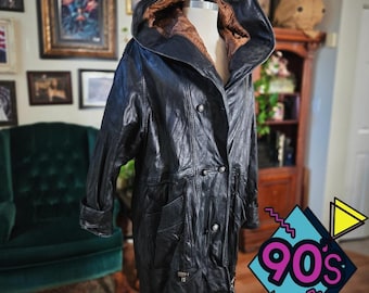 Vintage 90s Cayenne Leather Hooded Trench Coat Black Mens Jacket