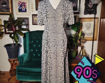 Floral Maxi Dress Vintage 90s Black White Button Front Grunge Boho Large 45" L