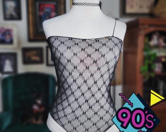 Vintage 90s Black French Lace Stretch Lingerie Bodysuit One Piece Camisole Strap