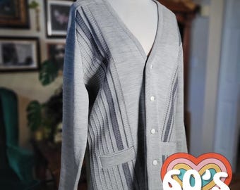 Edward Lenton Cardigan Sweater Vintage 60s Pure New Wool Grey Knit Mens M 16