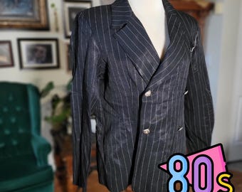 John Roberts Blazer Jacket Vintage 80s Black Pinstripe Double Breasted Women's
