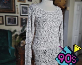 Mondala Crochet Knit Sweater Dress Vintage 90s Boho Long Sleeve Women's Cream