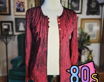 Sami Fringe Cardigan Sweater Vintage 80s Red Acid Wash Boho Soft Turkey S/M