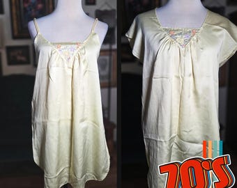Vintage 1970s Cinema Etoile Yellow Satin PJ Set Embroidered Loungewear