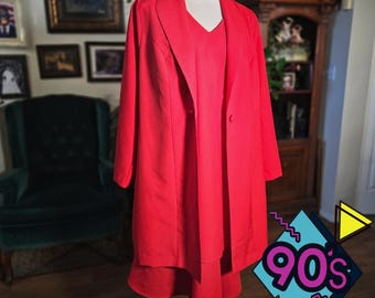Vintage 90s ROAMANS Red Jacket Dress Suit V Neck Sleeveless Midi Plus Size