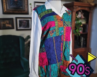 Via Sant Andrea Patchwork Blouse Vintage 90s White Long Sleeve Button Shirt Top