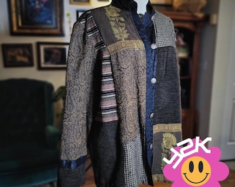 Vintage Y2K WHITE STAG Patchwork Blazer Jacket Black Multi Print Women's