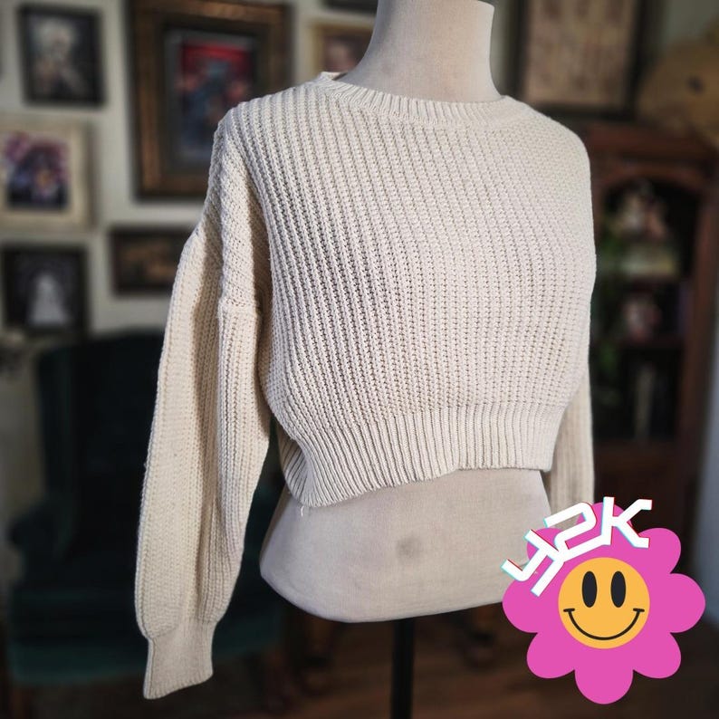 Urban Outfitters Cropped Sweater Vintage Y2K Cream Knit Chunky Pullover XS image 1