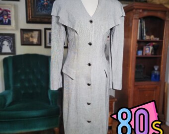 Vintage 80s DB Designs Grey Button Front Power Suit Sheath Dress Shoulder Pads S