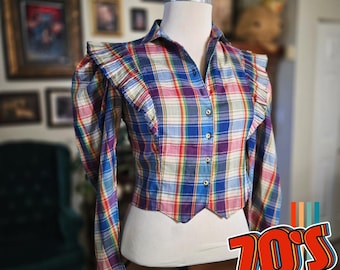 Vintage 70s Byer California Womens Plaid Cropped Ruffled Shirt Top Long Sleeve