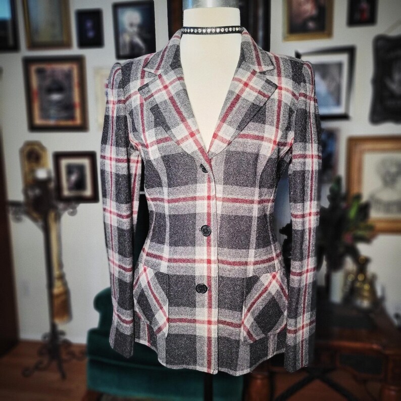 BCBG Max Azria Blazer Plaid Wool Mohair Vintage 90s Grey Red Jacket Sample Small image 6