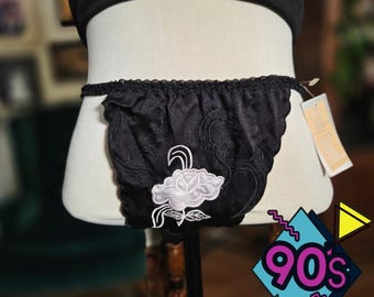 Vintage 90s Emily Daniell Intimates NWT Black Embroidered Satin Bikini Panty